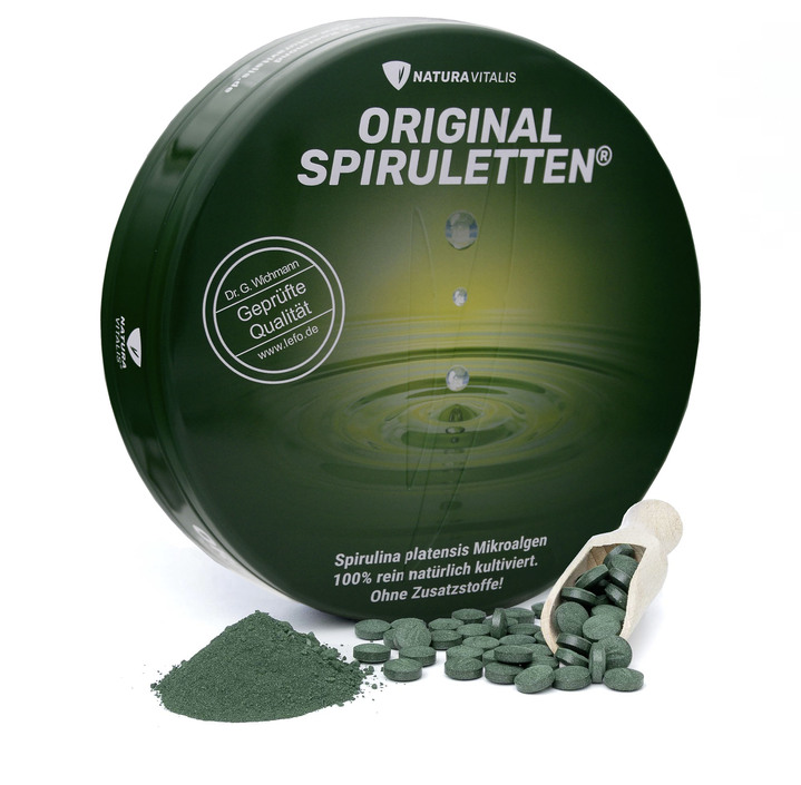 - Spirulina Presslinge in Spirulettendose, in Farbe