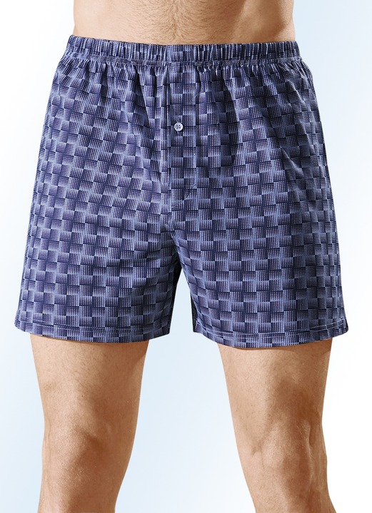 Herrenwäsche - Viererpack Boxershorts mit knöpfbarem Eingriff, bunt dessiniert, in Größe 005 bis 016, in Farbe 2X MARINE-HELLBLAU, 2X SCHWARZ-STEINGRAU Ansicht 1