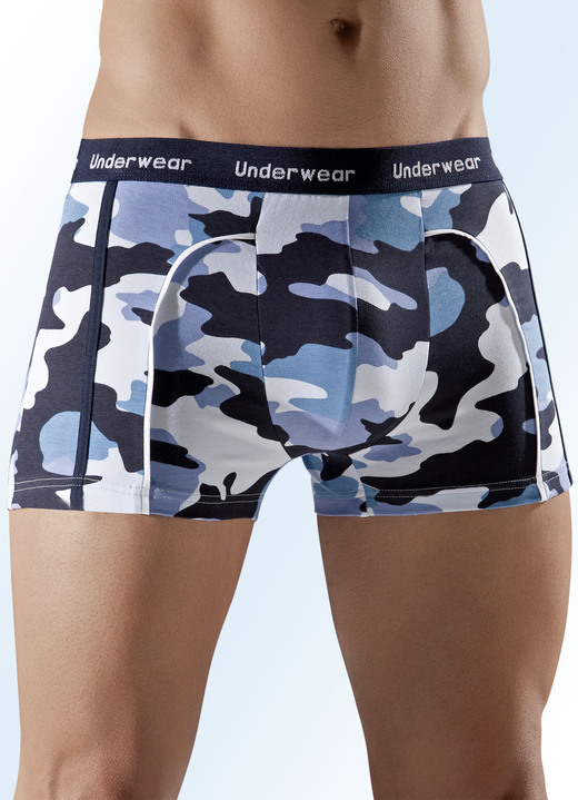 Herrenwäsche - Dreierpack Pants aus Feinjersey, Camouflage-Dessin, in Größe 004 bis 010, in Farbe BLAU-MARINE-WEISS