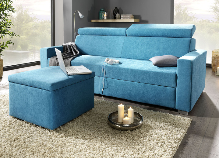 Schlafsofas - Polstermöbel mit Bettfunktion und verstellbaren Kopfstützen, in Farbe BLAU, in Ausführung Schlafsofa mit Hocker Ansicht 1