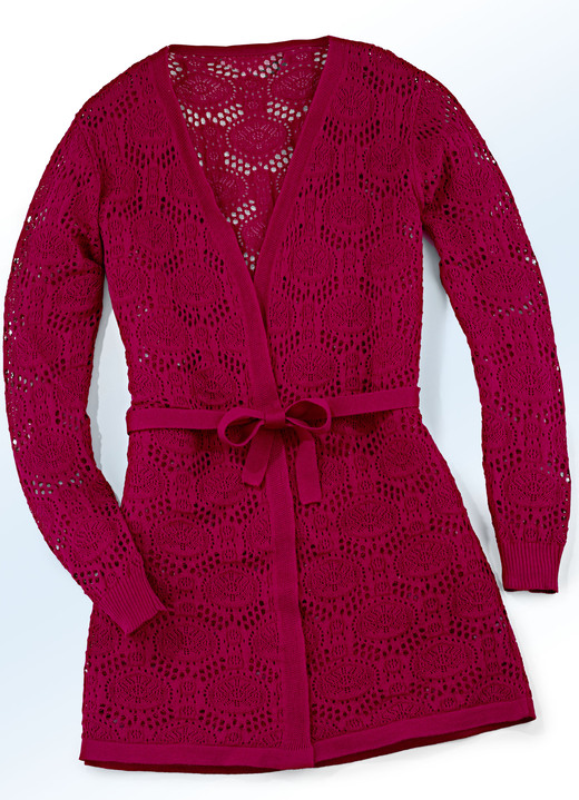 Pullover & Strickmode - Long-Strickjacke mit Bindegürtel  , in Größe 038 bis 052, in Farbe ROT Ansicht 1