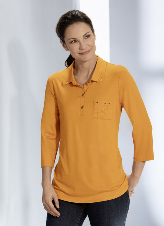 Shirts - Poloshirt mit Strasszier am Polokragen, in Größe 038 bis 050, in Farbe MANDARINE