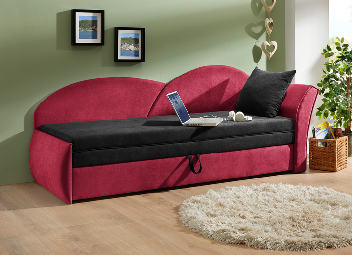 Schlafsofas - Schlafsofa mit Bettkasten und 1 Dekokissen, in Farbe SCHWARZ-ROT, in Ausführung Armlehne rechts Ansicht 1