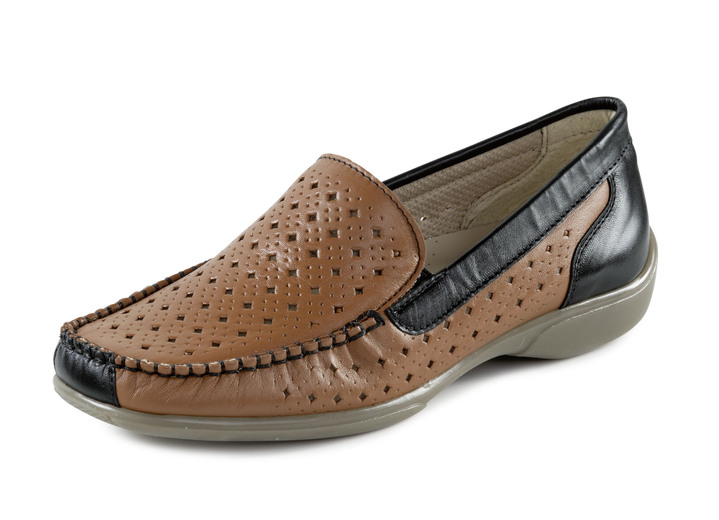 Slipper & Schnürschuhe - ELENA EDEN Mokassin-Slipper mit luftiger Perforation, in Größe 036 bis 042, in Farbe COGNAC-SCHWARZ Ansicht 1