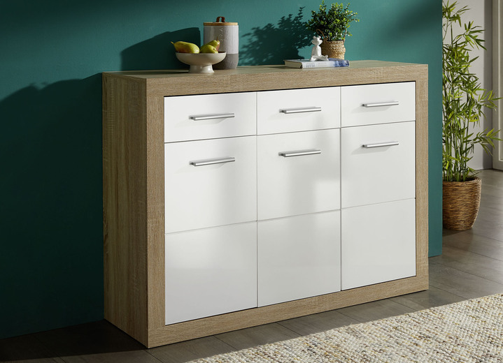 Sideboards - Sideboard-Programm mit pflegeleichten Oberflächen, in Farbe EICHE SONOMA-WEISS, in Ausführung 3-türig, 3 Schubladen Ansicht 1