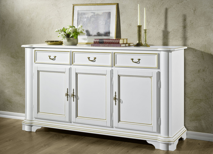 Sideboards - Kommodenserie aus teilmassivem Holz, in Farbe WEISS-GOLD, in Ausführung Schubladenkommode Ansicht 1