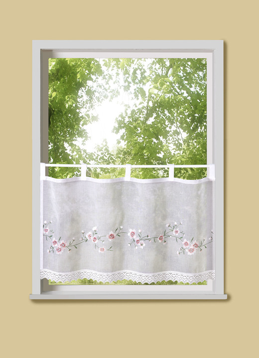 Kurzgardinen - Kurzstore Blumenblüten mit Schlaufen, in Größe 661 (H30xB 90 cm) bis 859 (H60xB145 cm), in Farbe WEISS Ansicht 1